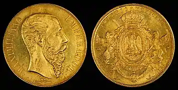 Pièce de 20 pesos en or à l'effigie de l'empereur Maximilien (Mexique, 1866).