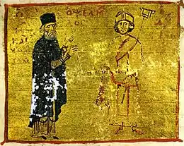 Page d'un manuscrit représentant deux hommes l'un en face de l'autre