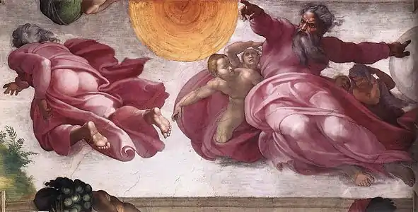 Image d'une fresque en couleur avec sur un fond de ciel lumineux, deux scènes avec à droite un vieillard ouvrant ses bras d'un geste péremptoire créant les astres et à gauche de dos tend sa main droite vers un buisson.