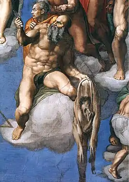 Détail d'une fresque : homme nu, assis sur un nuage, tenant dans une main la peau d'un homme mort et de l'autre un couteau.