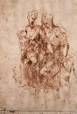 Dessin crayonné sous forme d'esquisse représentant deux femmes et un bébé sont assis les uns sur les autres.