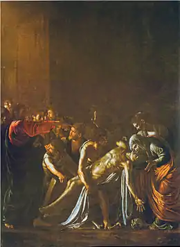 Peinture représentant deux femmes recueillant un jeune homme mort qu'une foule leur apporte, tandis qu'un homme debout, vêtu de rouge, tend la main vers le jeune homme.