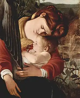 Peinture. Une femme tient son bébé dans les bras.