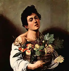 Peinture d'un jeune garçon en chemise blanche sur fond sombre, tenant une corbeille de fruits.