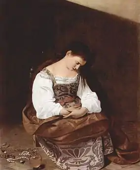 Peinture. Une femme est assise, dans une attitude pénitente.
