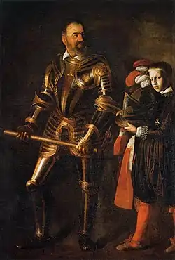 Portrait d'un noble en armure étincelante, suivi d'un page qui lui porte ses habits d'apparat.