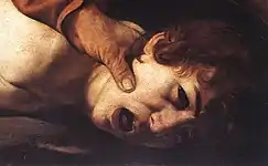 Peinture d'un visage de jeune garçon brun, frisé, hurlant, la tête maintenue au sol par une main puissante.