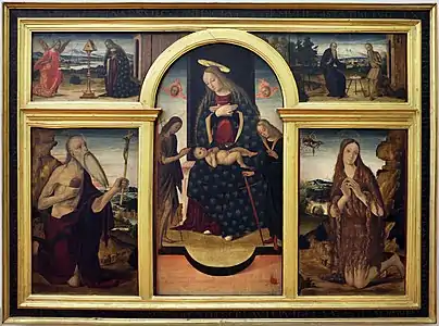 Madonna in trono e santi, Annunciazione, ss. Antonio e Paolo eremiti,  Palazzo dei Diamanti, Ferrare.