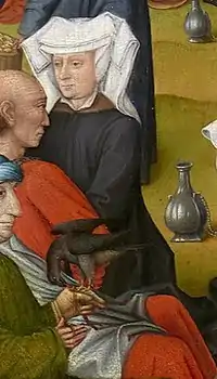 Michelle, duchesse de Bourgogne, coiffée d'un hennin blanc. Détail du Triptyque des Miracles de Christ, fin du XVe siècle.