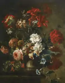 Pavots à fleur de pivoine, Lis, Roses blanches et mousseuses, Capucines et Liserons, huile sur toile, 76,5 x 63,5 cm., collection particulière.