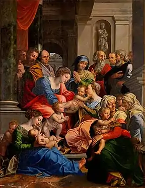 Peinture représentant un grand groupe de personnes dont un enfant est le centre de la composition.