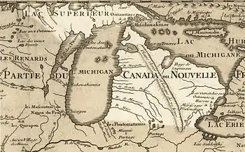 Gravure représentant une carte du Michigan en Nouvelle-France par Guillaume Delisle en 1718.