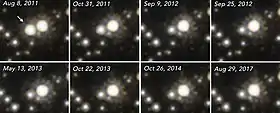 Compilation d'images montrant l'évolution de la luminosité d'OGLE-2011-BLG-0462.(Ces images ont été prises par le télescope spatial Hubble).
