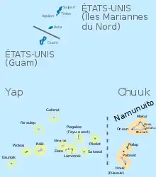 Carte. Îles du district de Chuuk (est). Îles de Yap, dont Pikelot (ouest). Guam et les Mariannes du Nord (nord-ouest).