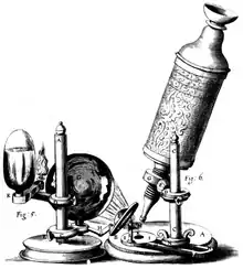 Le microscope de Robert Hooke, d'après une gravure dans la Micrographia.