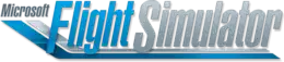 Logo de Microsoft Flight Simulator. « Microsoft » est écrit en noir en haut à gauche ; « Flight SImulator » au centre en bleu et gris ; deux lignes (une grise et une bleue) viennent souligner le texte.