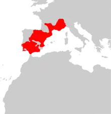 une carte d'Europe avec en rouge une partie du sud de la France et presque toute la péninsule Ibérique, à part le nord-ouest