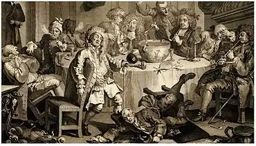 Assemblée de dix hommes éméchés autour d'une table dans une taverne