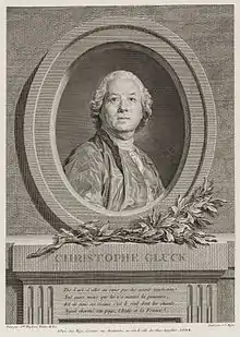 Christophe Gluckd'après Joseph Siffrein Duplessis.« De l'art d'aller au cœur par des accords touchants / Nul autre mieux que lui n'a montré la puissance, / Et de tous ses rivaux c'est le seul dont les chants / Ayent charmé son pays, l'Italie et la France. »