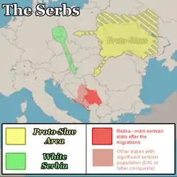 Serbie blanche en vert. En rouge, terre d'installation des Serbes dans les Balkans. En jaune, les protoslaves.