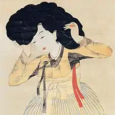 Miindo (littéralement portrait d'une beauté). Le peintre est anonyme mais le tableau a été transmis à une famille Yun éminente de Hanam, dans la province de Jeolla, avant d'être conservé au musée d'art Gansong de Séoul, en Corée du Sud.