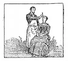 Gravure en noir et blanc d'un homme se tenant debout aux côtés d'une femme assise.