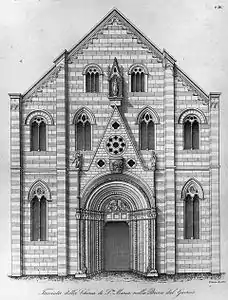 La façade (1808-1809) de l'église démolie Santa Maria in Brera à Milan.