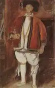 Dessin rehaussé de pastel, montrant un Breton en costume, veste rouge, pantalon blanc.