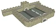 image de synthèse montrant une fortification en forme de U dont le côté ouvert est fermé par un mur ; l’intérieur du U est occupé par deux bâtiments.