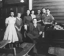 Perry with music students and teachers in 1949, including Milhaud and Martens. Perry is on the left.