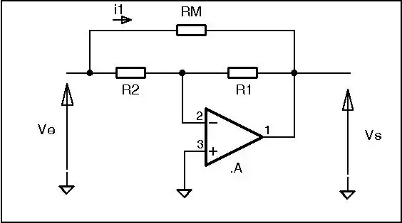 circuit électrique de tension d'entrée Ve et de tension de sortie Vs. La résistance de miller RM est montée en parallèle des résistance R2 et R1 montées en série. La borne moins d'un amplificateur opérationnel est reliée au circuit entre R2 et R1. La borne est reliée à la masse. La sortie de l'amplificateur opérationnel, de R1 et de RM sont reliées à la sortie du circuit.