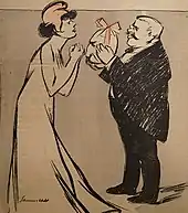 Caricature d’un homme de petite taille aux cheveux blancs et à la moustache noire offrant à une femme coiffée d'un bonnet phrygien la tête d’un homme présentée sous la forme d’un œuf de Pâques