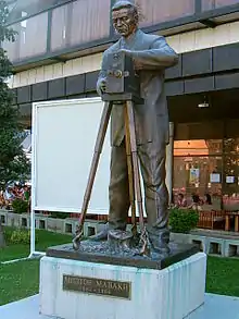 photographie couleurs : une statue en bronze d'un homme derrière une caméra ancienne