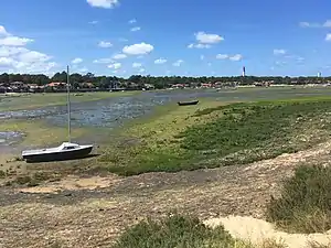 La conche du Mimbeau, vue du départ de la flèche. Au premier plan à droite, sable déplacé par une brèche.