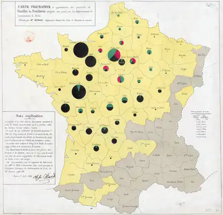 La Carte figurative et approximative des quantités de viandes de boucherie envoyées sur pied par les départements et consommées à Paris (1858) utilise des diagrammes circulaires.