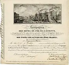 Action de 1.500 francs de la Compagnie des Mines de Fer de St. Étienne, émise le 1er juillet 1826, signée par le directeur Délévacque, successeur de Louis de Gallois