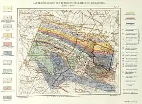 Carte géologique colorée et très précise des terrains primaires du Boulonnais, représentant également une partie des fosses présentes dans le Boulonnais. La carte date de 1904 et provient de l'ouvrage d'Albert Olry.