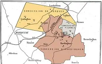 Carte schématique représentant les trois concession du bassin du Boulonnais vers 1880 : Ferques, Fiennes, et Hardinghem.