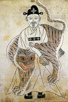 Peinture de style Minhwa présentant un homme en costume traditionnel de lettré néo-confucéen. Il est entouré par l'image d'un tigre, animal souvent associé à la Corée.