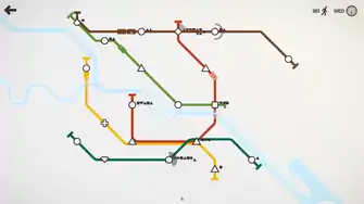 Une carte de métro comporte de nombreuses lignes colorées reliant des figures géométriques.