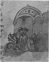 Plus vieille représentation médiévale de la mort de Laocoon et de ses fils. Miniature d'un artiste anonyme du XIVe siècle tirée du Codex Riccardianus 881.