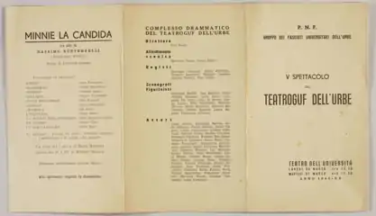 Frontispice du drame Minnie la candida (1926) de Massimo Bontempelli. Mise en scène de Ruggero Jacobbi ; TeatroGUF dell'Urbe.