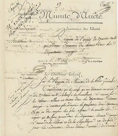 Page no 1 de cet arrêté du 27 nivôse an IV (17 janvier 1796) qui ordonnait l’ouverture, dans les bureaux de poste, des lettres venant des communes sous la domination des Chouans, Paris, 22 juin 1797. Archives nationales de France.