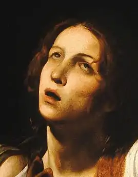Peinture d'une femme exprimant la désolation et levant les yeux au ciel.