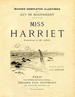 Miss Harriet de Maupassant, couverture jaune pâle avec dessin à l'encre d'une silhouette féminine marchant le long d'une plage.