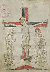 Enluminure médiévale présentatn un Christ en croix entouré de Marie et de Jean.