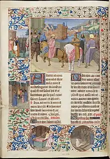 Page enluminé avec une miniature centrale représentant une procession à cheval sur un pont arrivant dans une ville.