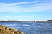 Une étendue d'eau libre de la rivière. Une barge se trouve au centre de l'image, et à l'arrière-plan se trouve une rive boisée. Il n'y a aucun signe d'habitation humaine sur les rives.