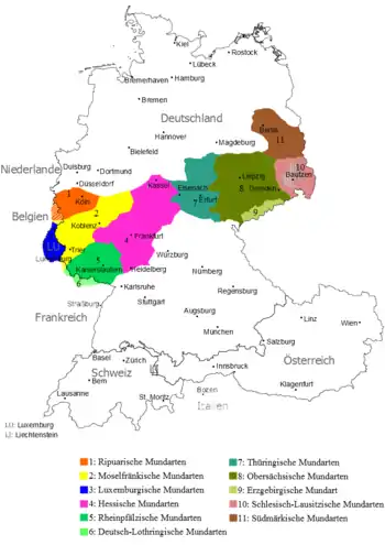 Répartition des dialectes du moyen allemand depuis 1945.