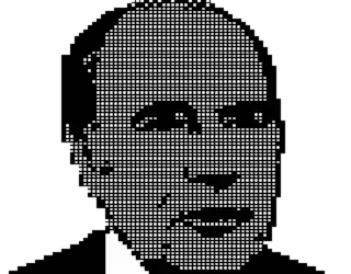 Un portrait dessiné de François Mitterrand sur Minitel par blocs de pixels en noir et blanc